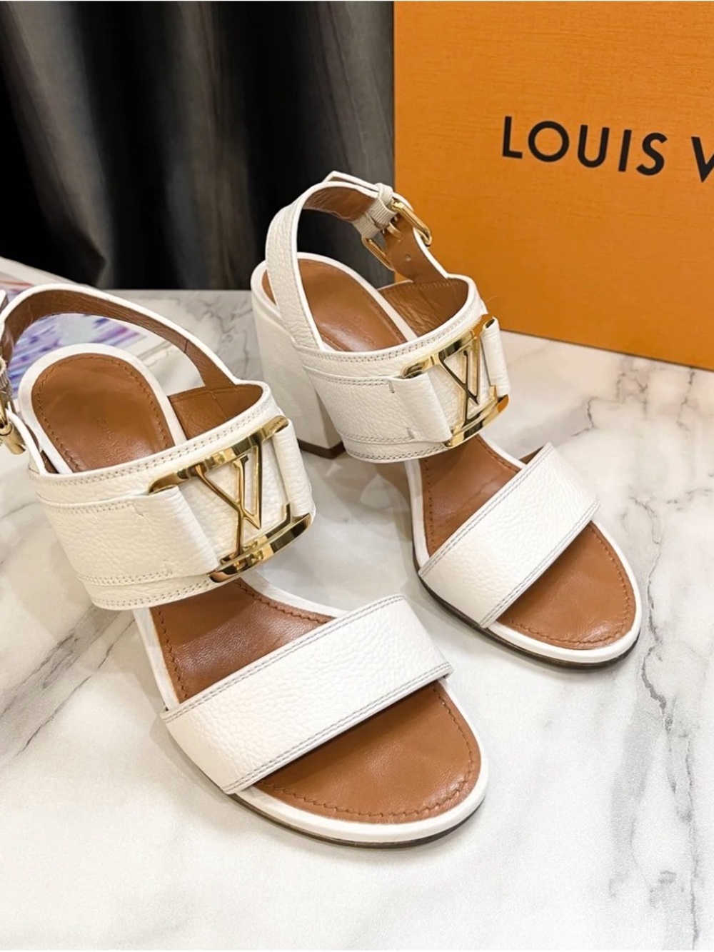 Authentic Louis Vuitton Horizon Line Sandals with Gold LV Accent